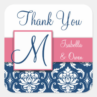 Carré Sticker Mariage damassé bleu marine rose