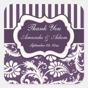 Carré Sticker Mariage damassé violet, ivoire, rose rayé