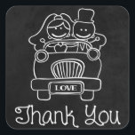 Carré Sticker Mariage Merci Chalkboard Bride & Groom<br><div class="desc">Ajoutez un peu de plaisir à votre mariage avec ces stickers de remerciement mignons! Cet autocollant / sceau de remerciement fantaisiste présente un dessin d'une mariée et d'un marié dans leur voiture d'amour surligné contre un arrière - plan noir en tableau noir. Les autocollants de mariage customisés sont parfaits pour...</div>