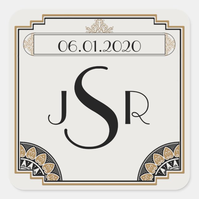 Carré Sticker Mariage Monogramme Art Déco Gold Posh (Devant)