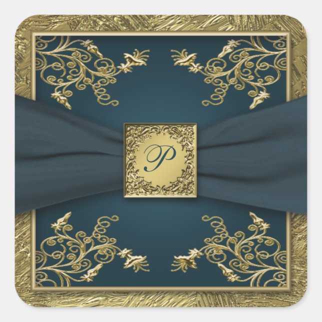 Carré Sticker Mariage Monogramme turquoise et or (Devant)