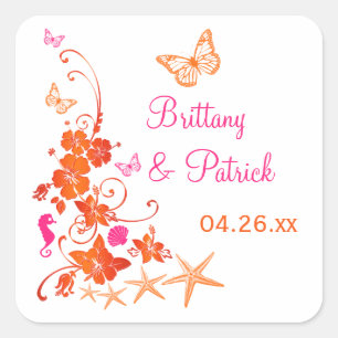 Carré Sticker Mariage Tropical 1,5 po rose, orange, blan
