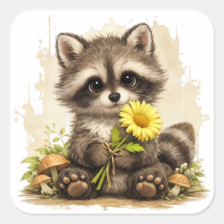 Carré Sticker mignon de raton laveur fleur kawaii