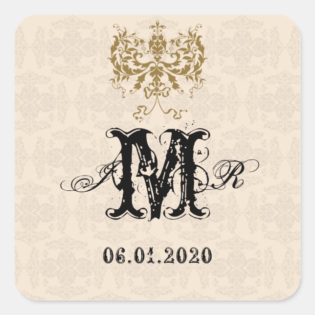 Carré Sticker Monogramme crème et or Damask (Devant)