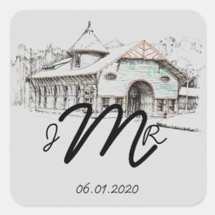 Carré Sticker Monogramme de pays de croquis de grange