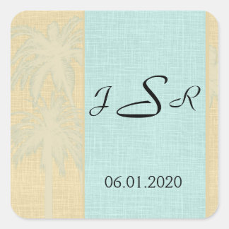 Carré Sticker Monogramme en lin crème Palmiers bleus