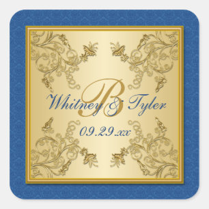 Carré Sticker Monogramme Floral Bleu et Or