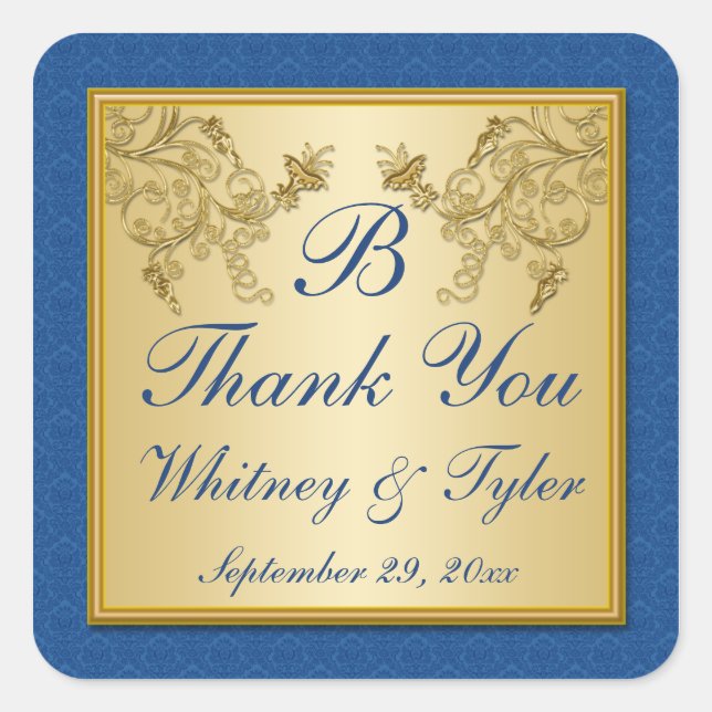 Carré Sticker Monogramme Floral Bleu et Or (Devant)