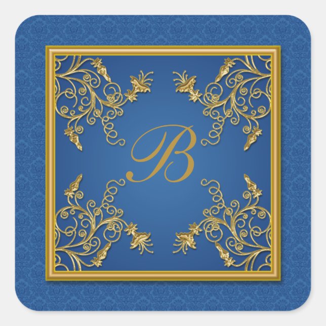 Carré Sticker Monogramme Floral Bleu et Or (Devant)