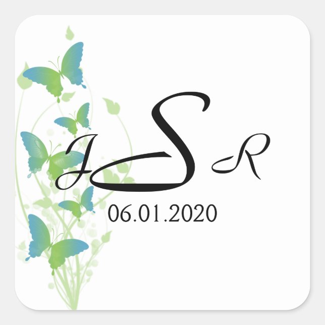 Carré Sticker Monogramme Vine Papillon bleu et vert (Devant)