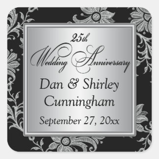 Carré Sticker noir, argent 25ème Mariage Anniversaire 2