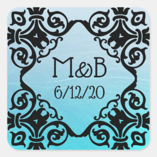 Carré Sticker personnalisé Aqua Mariage Date & Initiales
