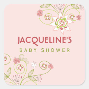 Carré Sticker pour Baby shower fille en fleurs roses Whi
