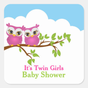 Carré Sticker pour Baby shower fille Sweet Twins Owls