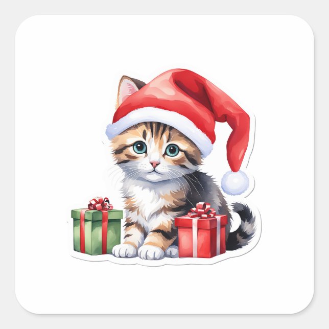 Carré Sticker pour chat de Noël - Kitty avec cadeaux (Devant)