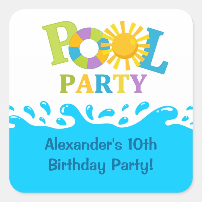 Carré Sticker pour la fête d'anniversaire de la piscine  (Devant)