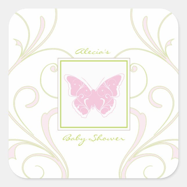 Carré Sticker préféré Baby shower papillon rose (Devant)