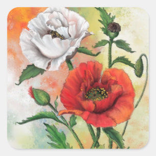 Carré Sticker Red White Poppies - peinture