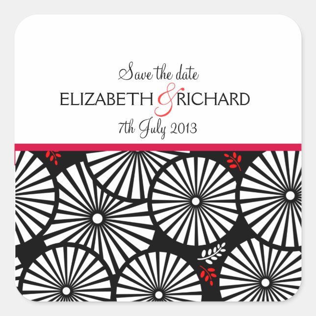 Carré Sticker Retro noir fleurs blanches 'Save the Date' (Devant)