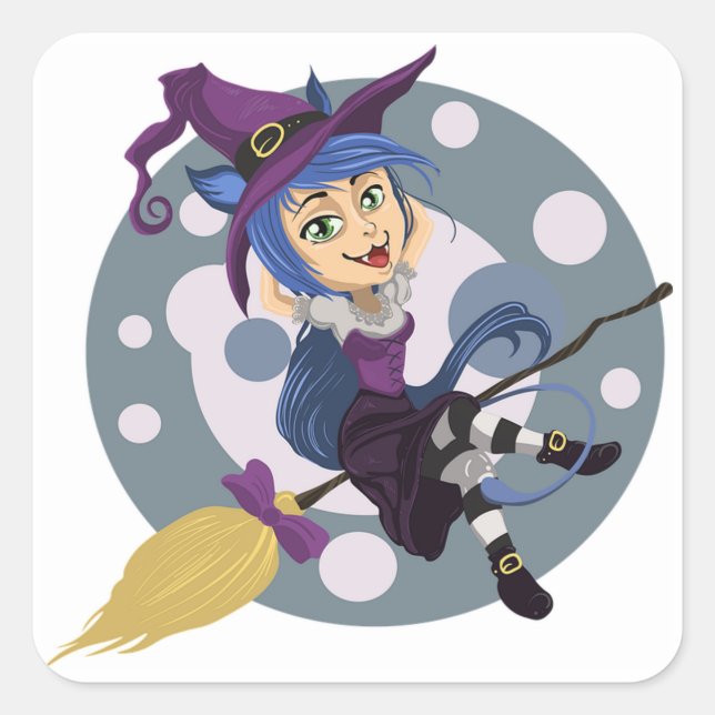 Carré Sticker rond Halloween classique/sorcière mignonne (Devant)