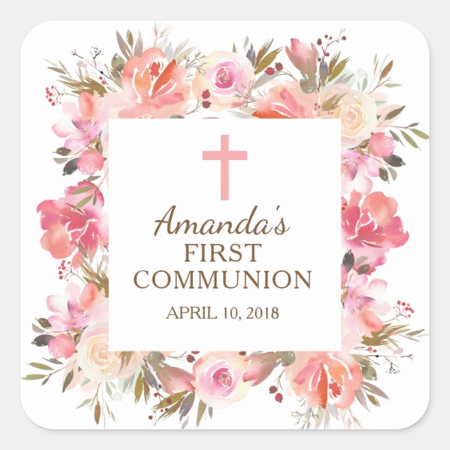 Carré Sticker rose Floral First Holy Communion (Devant)