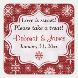 Carré Sticker Rustique Red Burlap Snowflakes Wedding Fav