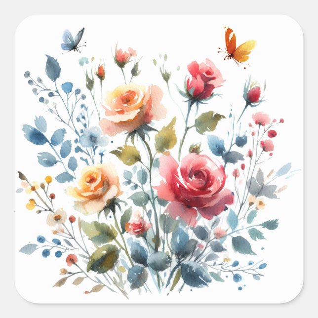 Carré Sticker scrapbooking Fleurs aquarelles (Devant)
