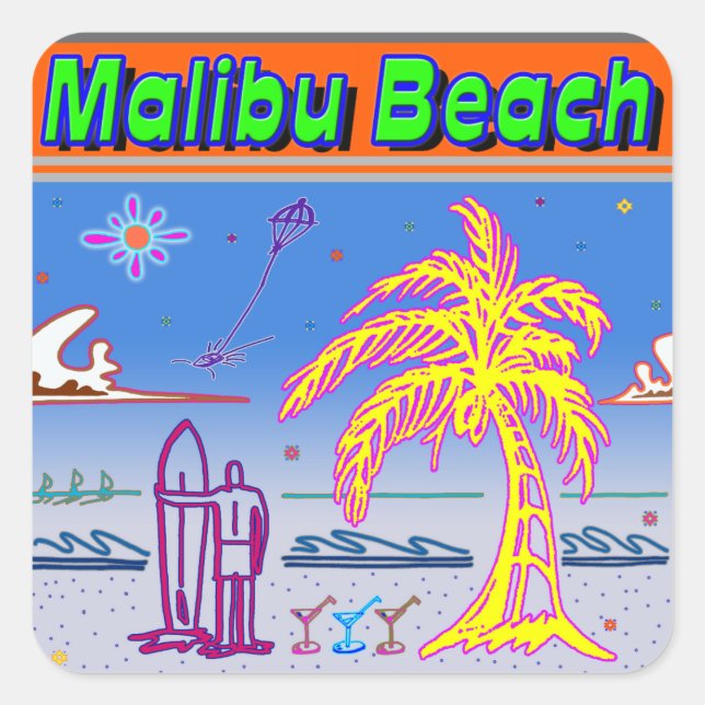 Carré Sticker Surfer "Malibu Beach" (Devant)