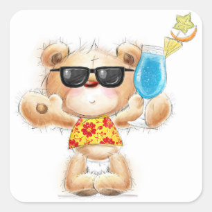 Carré Sticker Teddy Bear avec Cocktail et Lunettes de so