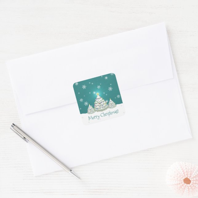 Carré Sticker turquoise Snowy Christmas Tree (Enveloppe)