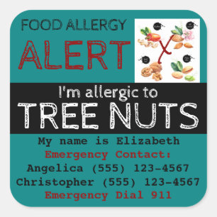 Carré Sticker turquoise Tree Nut Food Allergy Alert Étiq