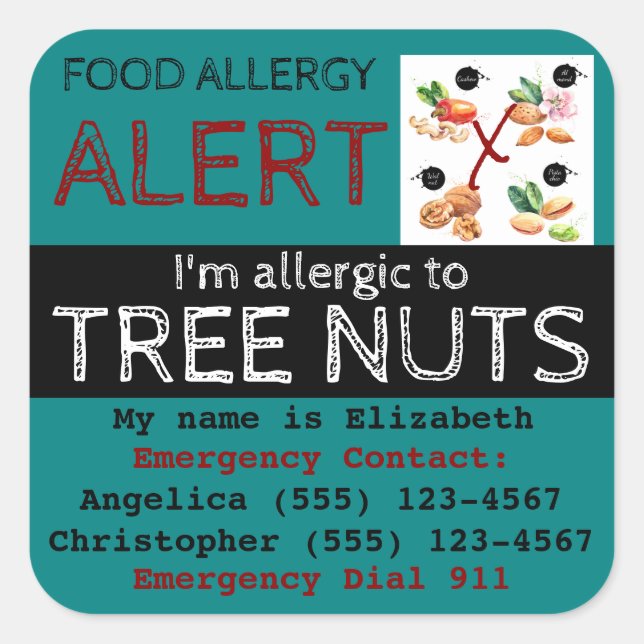 Carré Sticker turquoise Tree Nut Food Allergy Alert Étiq (Devant)