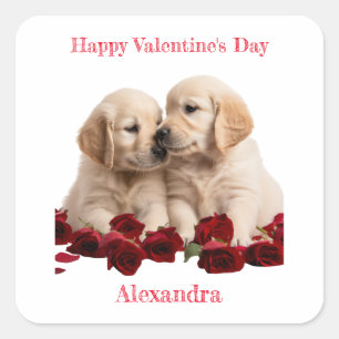 Carré Sticker Valentine de Golden Retriever Puppies bais