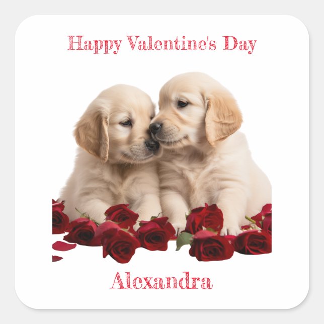 Carré Sticker Valentine de Golden Retriever Puppies bais (Devant)