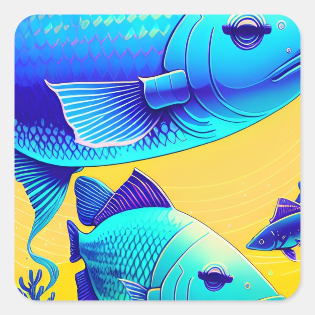 Carré Sticker Vibrant Poissons Bleus Profond (Devant)