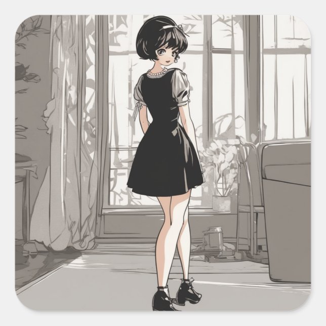 Carré Sticker vintage Anime LBD Anime Elegance Unleashed (Devant)