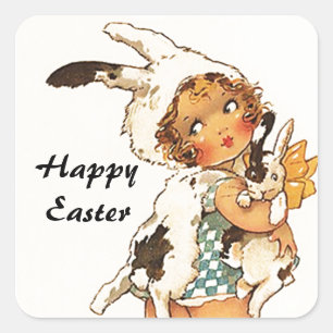 Carré Sticker Vintage Antique Cute Bunny de Pâques