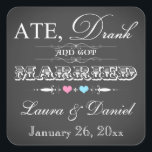 Carré Sticker vintage Chalkboard Style Wedding Favor<br><div class="desc">Ce carré en forme vintage tendance typographie chalkboard style mariage faveur Merci sticker a une variété de polices avec des rouleaux et les coeurs rose et bleu sur elle. Il a une nouvelle façon amusante d'aborder la tendance manger, boire et être marié, avec un petit jeu sur les mots qui...</div>