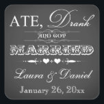 Carré Sticker vintage Chalkboard Style Wedding Favor<br><div class="desc">Ce carré en forme vintage tendance typographie style tableau noir et blanc faveur mariage Merci sticker a une variété de polices avec des rouleaux et des coeurs sur elle. Il a une nouvelle façon amusante d'aborder la tendance manger, boire et être marié, avec un petit jeu sur les mots qui...</div>