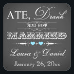 Carré Sticker vintage Chalkboard Style Wedding Favor<br><div class="desc">Ce carré en forme vintage tendance typographie chalkboard style mariage faveur Merci sticker a une variété de polices avec des rouleaux et des coeurs bleu pâle sur elle. Il a une nouvelle façon amusante d'aborder la tendance manger, boire et être marié, avec un petit jeu sur les mots qui disent...</div>