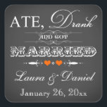 Carré Sticker vintage Chalkboard Style Wedding Favor<br><div class="desc">Ce carré en forme vintage tendance typographie chalkboard style mariage faveur Merci sticker a une variété de polices avec des rouleaux et des coeurs oranges sur elle. Il a une nouvelle façon amusante d'aborder la tendance manger, boire et être marié, avec un petit jeu sur les mots qui disent "Ate,...</div>