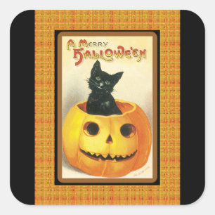 Carré Sticker vintage Citrouille de chat noir Halloween