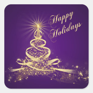 Carré Sticker violet, Gold Lighted Tree Joyeux Vacances