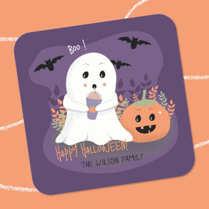 Carré Sticker violet Halloween Fantôme blanc