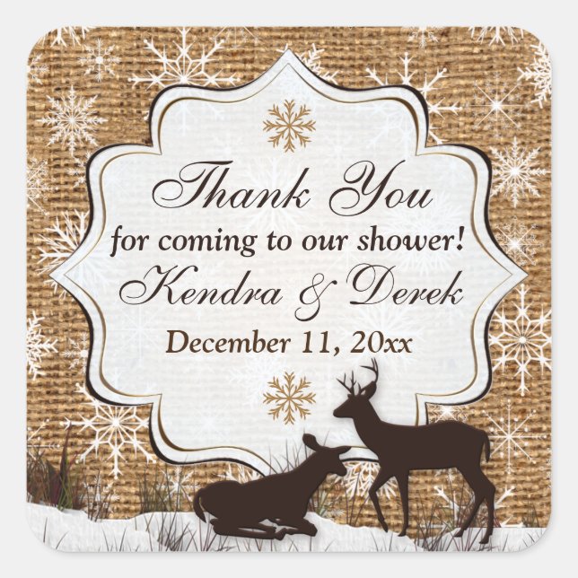 Carré Sticker Wedding shower de Burlap Rustique, Snowfla (Devant)