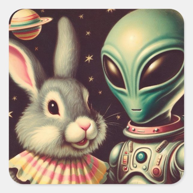 Carré Sticker Wi-Fi Bunny et Space Alien Retro Kitschy S (Devant)