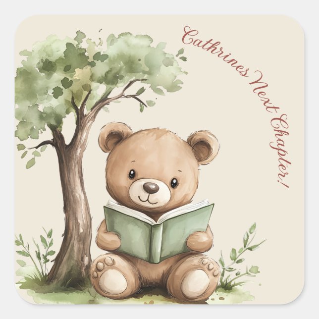 Carré Storybook Bear Tree Beige Baby Shower Sticker (Devant)