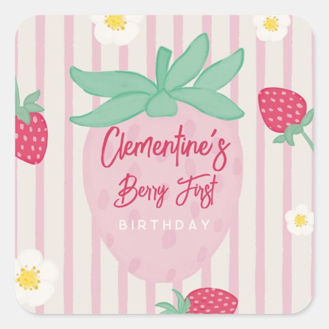 Carré Strawberry Berry First Birthday Sticker (Devant)