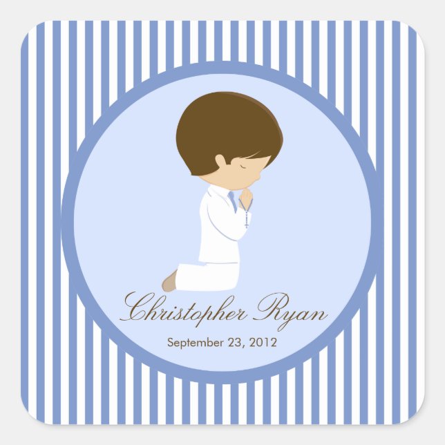 Carré Sweet Boy First Holy Communion Sticker Bleu (Devant)
