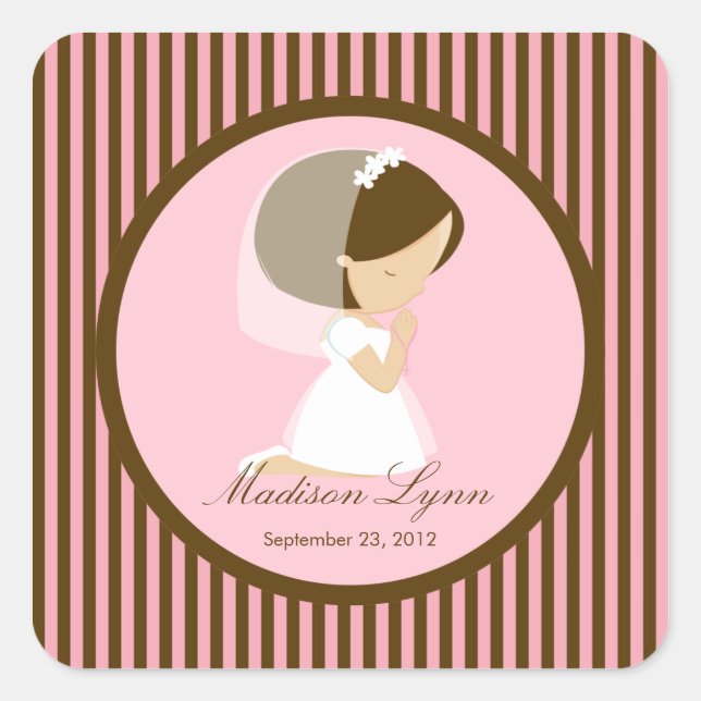 Carré Sweet Girl First Holy Communion Sticker Brown rose (Devant)